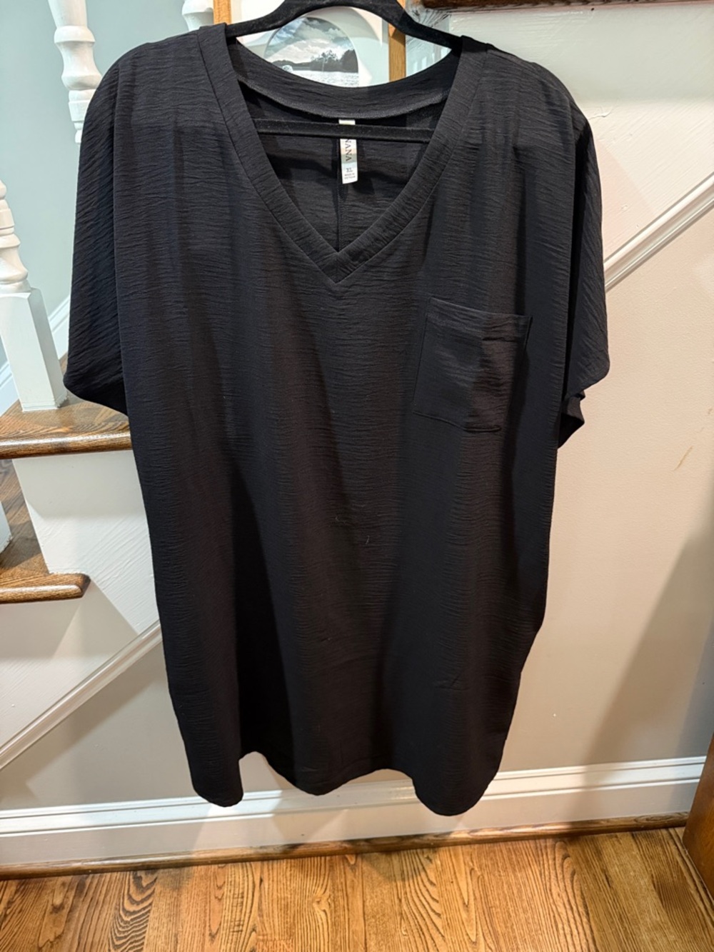 Zenana Black V-Neck Short Sleeve Shirt with Chest Pocket, air flow fabric